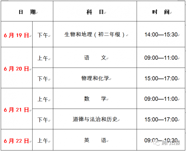 2023年湖北荆门中考考试时间表